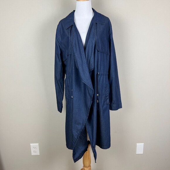 1 Sunset Lane Jacket Womens Large Blue Chambray Duster Draped Open Front Cinched - Picture 13 of 16
